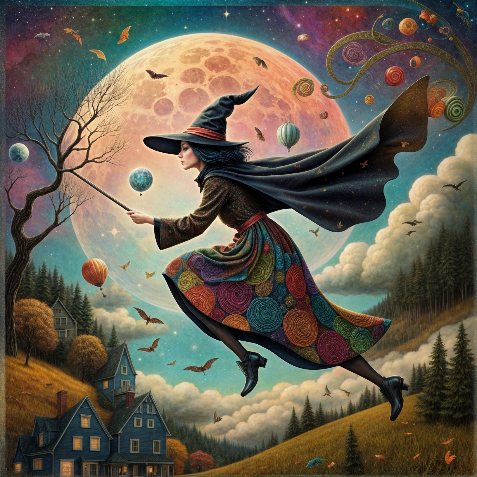 Whimsical Witch in Colorful Sky Over Quaint Village