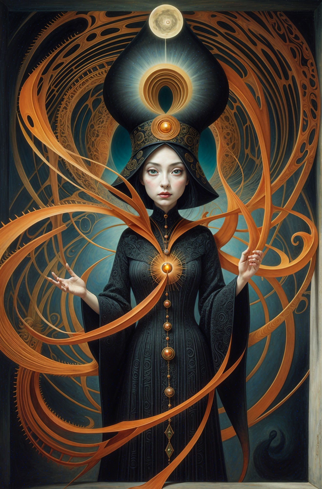 Mystical Figure in Black Robe with Cosmic Energy Ribbons