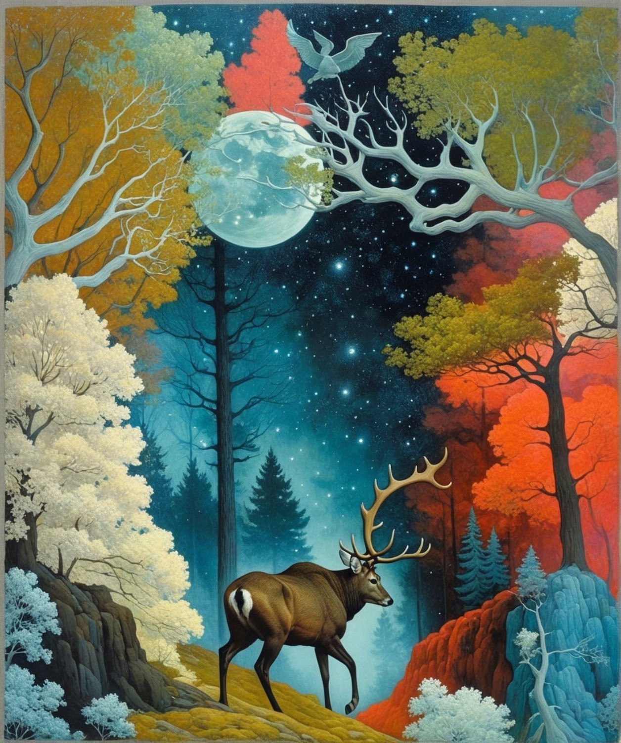 Stag in a Fantastical Forest Under a Full Moon