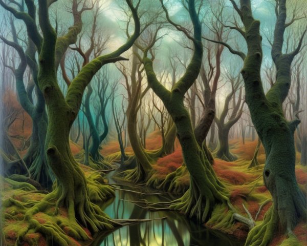 Mystical forest with mossy trees and glowing sky