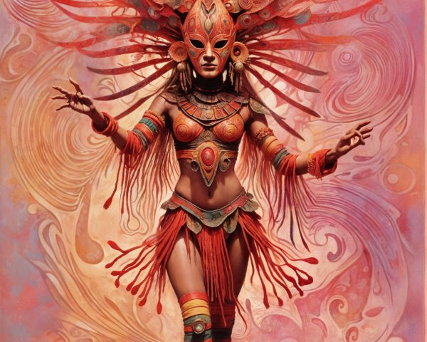 Powerful figure in vibrant red and orange attire