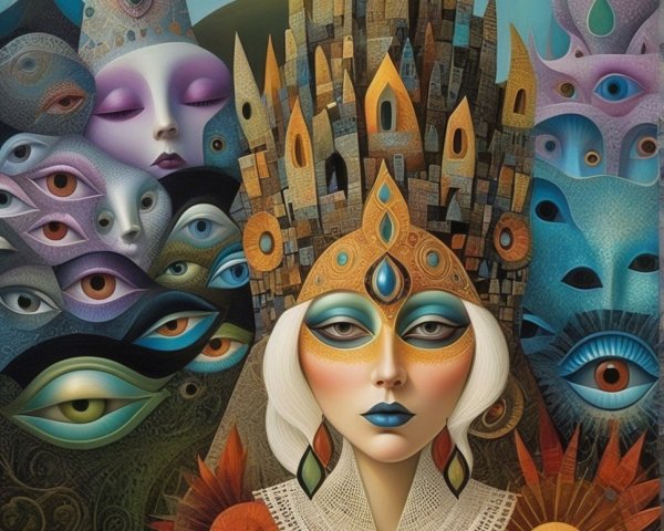 Majestic Figure Surrounded by Abstract Forms and Colors
