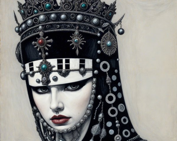 Enigmatic figure in black and silver jewelry with crown