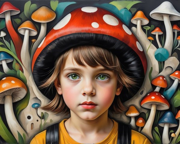 Child with Green Eyes and Mushroom Hat in Colorful Setting