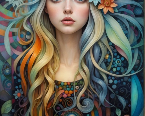 Mystical Portrait of a Young Woman with Colorful Hair