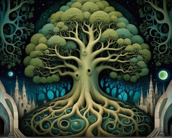 Majestic tree in a mystical landscape under stars