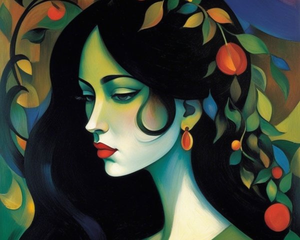 Stylized Woman with Colorful Leaves and Vibrant Background