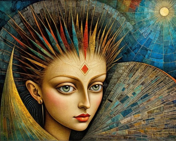 Stylized portrait of a woman with elaborate headdress