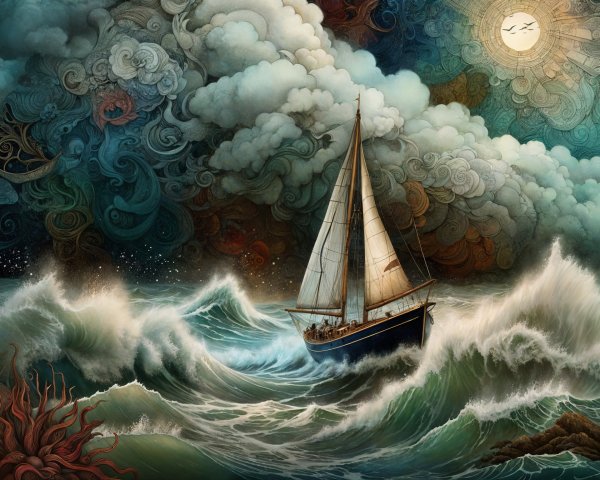 Sailboat on Waves Under Dramatic Sky and Sunlight