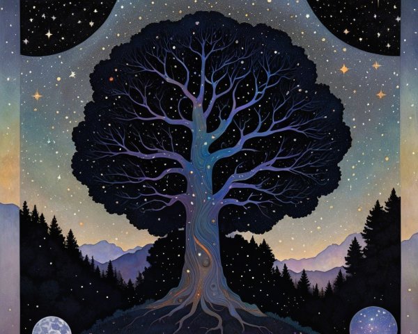 Silhouetted Tree Against Starry Night Sky and Mountains