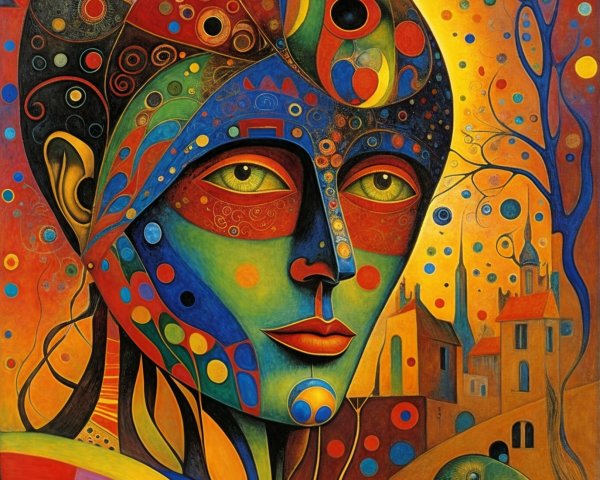 Vivid Abstract Face with Swirls and Playful Shapes