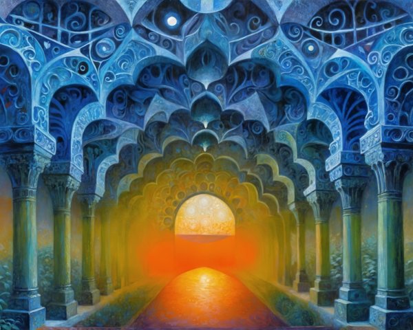 Ethereal Scene with Intricate Arches and Lush Greenery