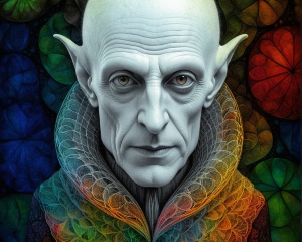 Humanoid Figure with Colorful Cloak and Abstract Background