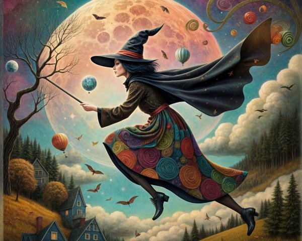 Whimsical Witch in Colorful Sky Over Quaint Village