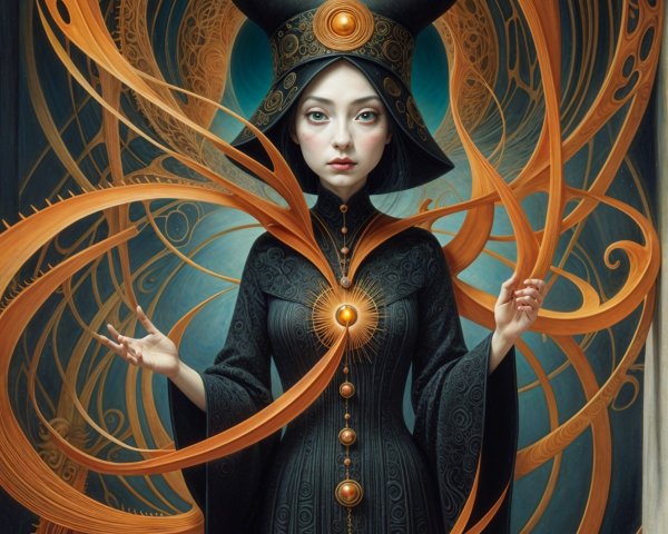 Mystical Figure in Black Robe with Cosmic Energy Ribbons