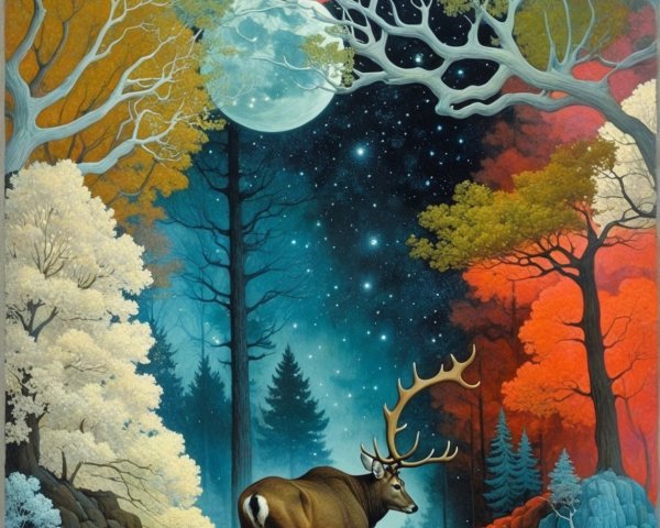 Stag in a Fantastical Forest Under a Full Moon