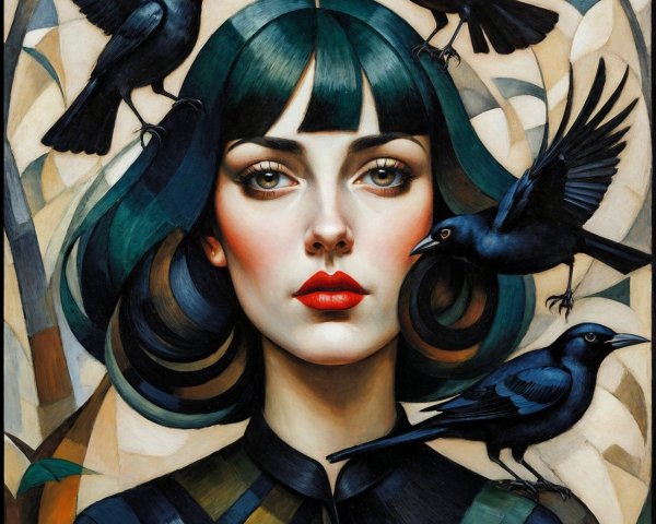 Vibrant Woman with Green Hair and Black Birds