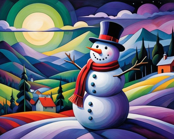 Colorful Winter Landscape with Snowman and Village