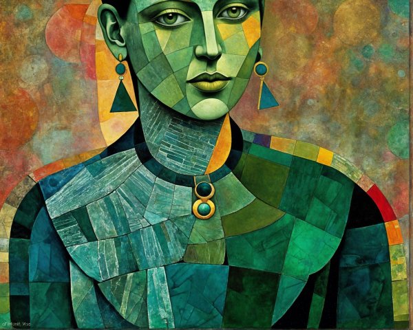 Stylized Female Figure in Green and Blue Mosaic Art