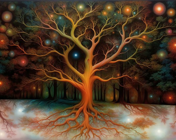 Whimsical Tree in Enchanting Forest with Glowing Orbs