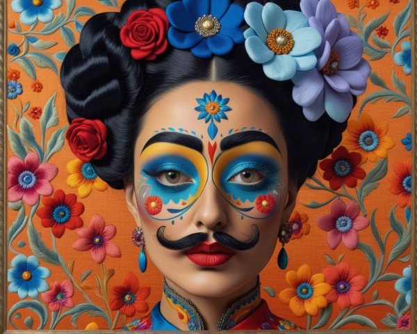 Woman with Vivid Makeup and Floral Patterns