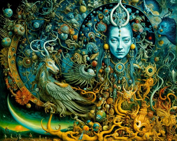 Surreal Composition with Female Figure and Mythical Elements