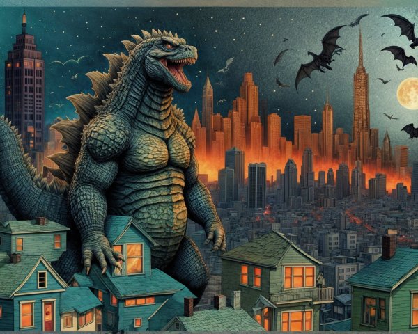 Godzilla in Cityscape with Skyscrapers and Moonlight