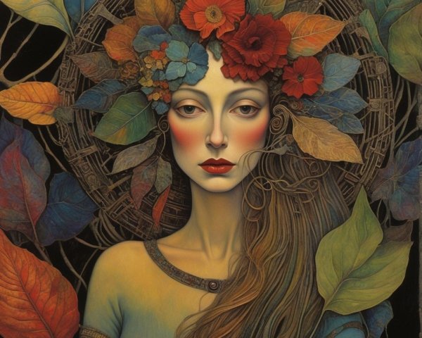 Serene Woman with Flower Crown and Nature Patterns