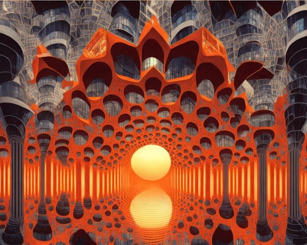 Surreal Architectural Landscape with Red Structures