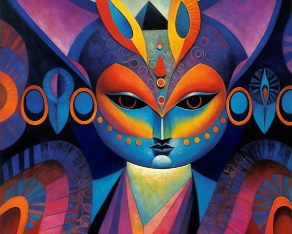 Vibrant Figure with Geometric Patterns and Bold Colors