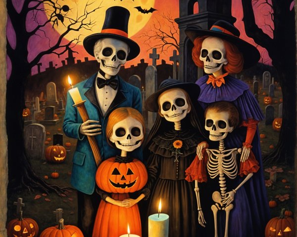 Cheerful Skeleton Family Celebrates Halloween in Graveyard