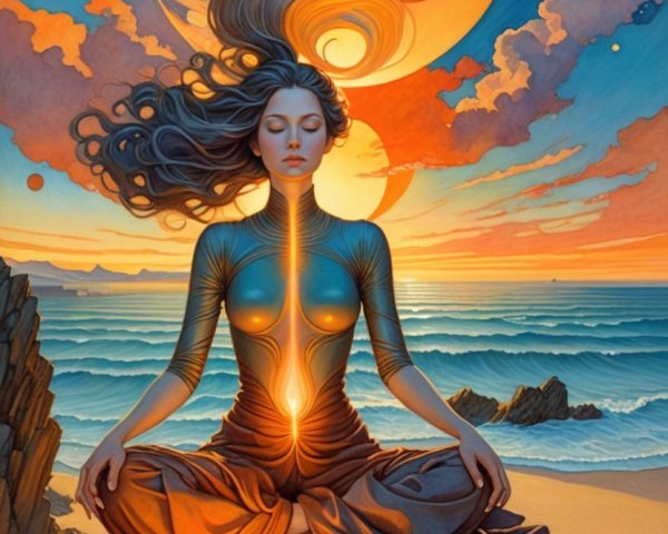 Meditative Figure on Beach at Vibrant Sunset