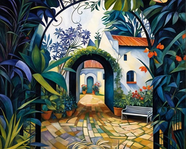 Tropical Garden Scene with Archway and Pathway