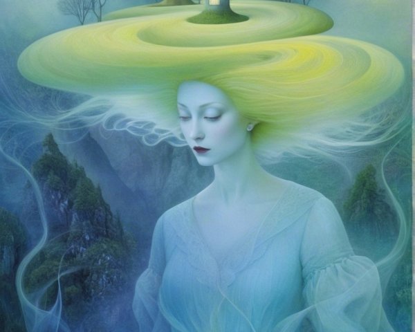 Ethereal Figure in Dreamy Landscape with Church and Orb