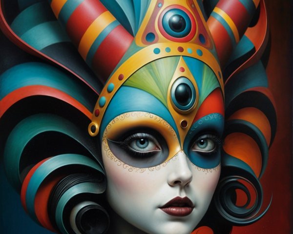 Stylized portrait of a woman with vibrant headdress