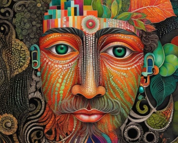 Vibrant Face Artwork with Nature-Inspired Patterns