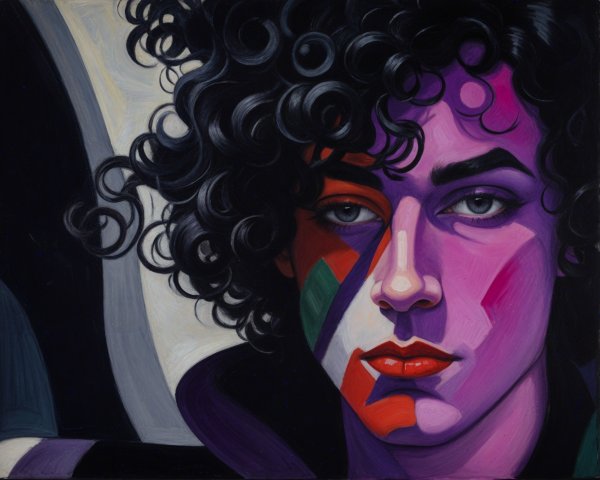 Portrait with Curly Hair and Geometric Color Blocks