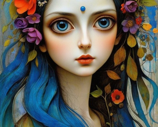 Whimsical Portrait of a Girl with Blue Hair and Flowers