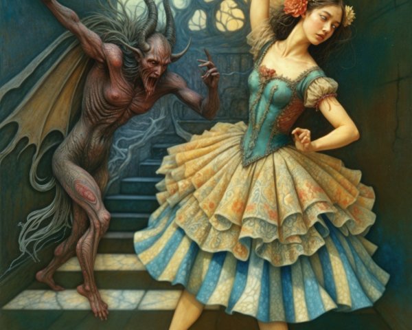 Surreal Dance Scene with Elegant Woman and Ominous Creature