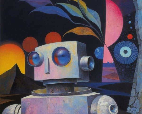 Surreal Robot Art in Cosmic Landscape with Vivid Colors