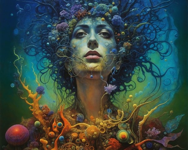 Woman with Colorful Tendrils in Marine Environment