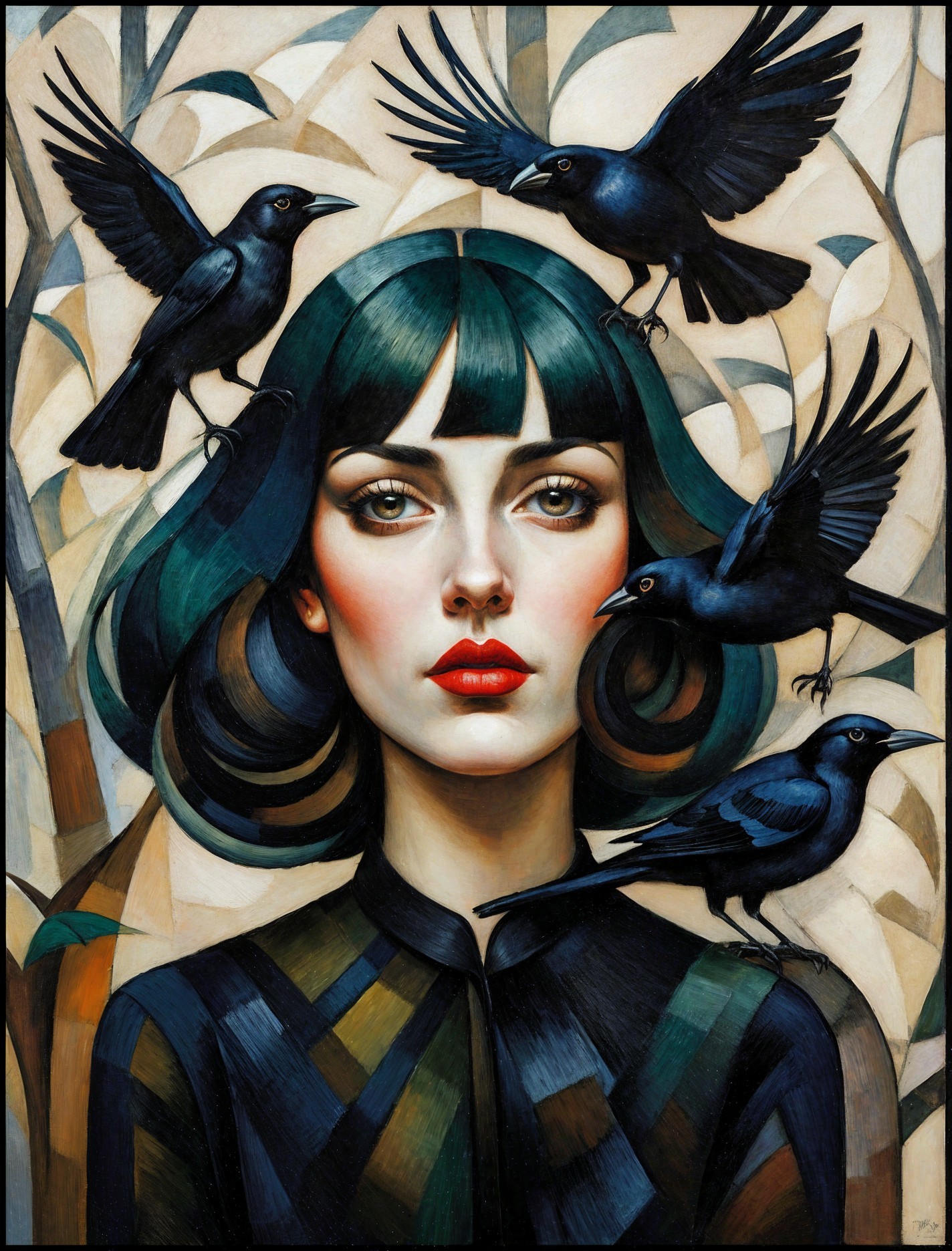 Vibrant Woman with Green Hair and Black Birds
