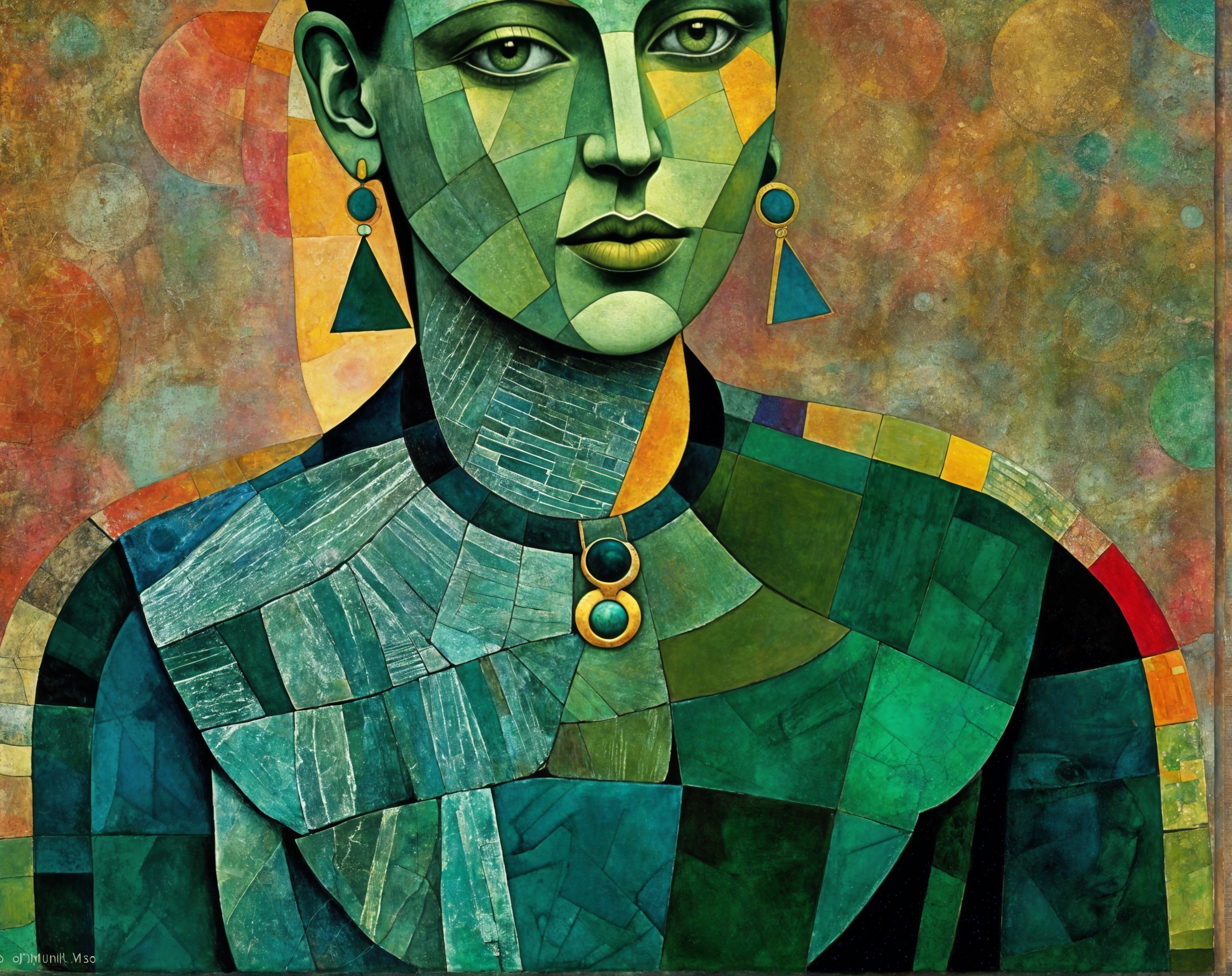 Stylized Female Figure in Green and Blue Mosaic Art