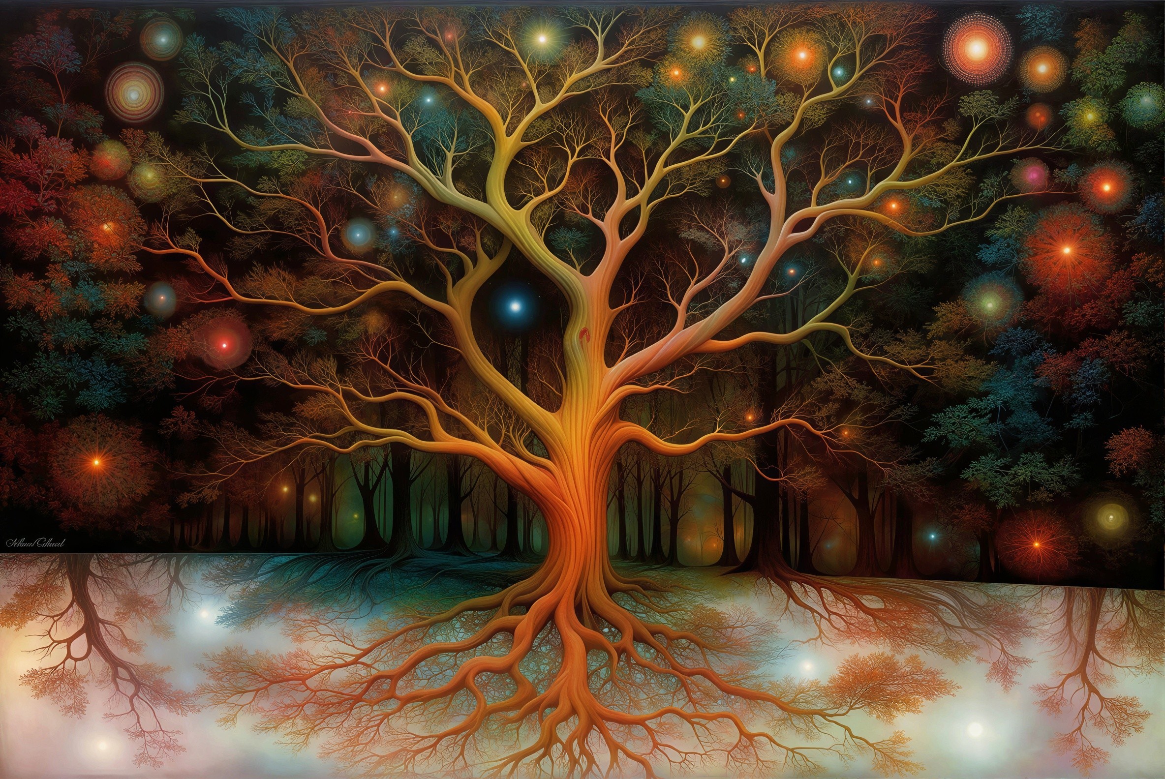 Whimsical Tree in Enchanting Forest with Glowing Orbs
