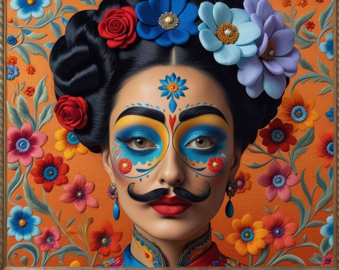 Woman with Vivid Makeup and Floral Patterns