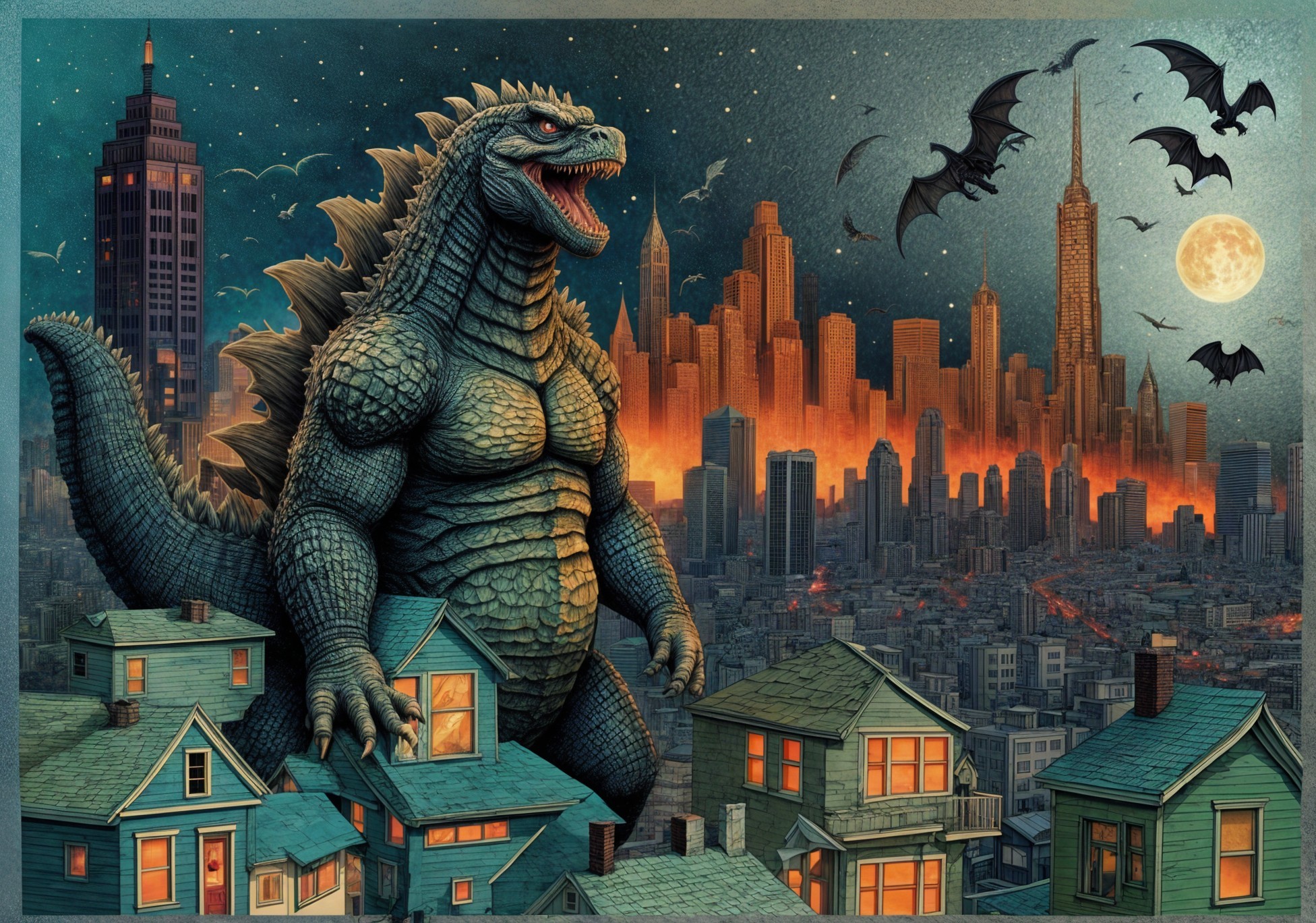 Godzilla in Cityscape with Skyscrapers and Moonlight