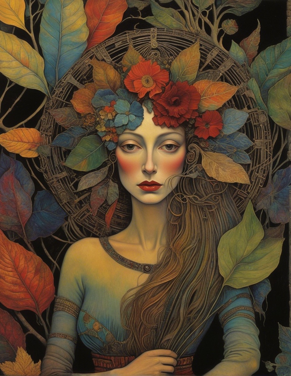Serene Woman with Flower Crown and Nature Patterns