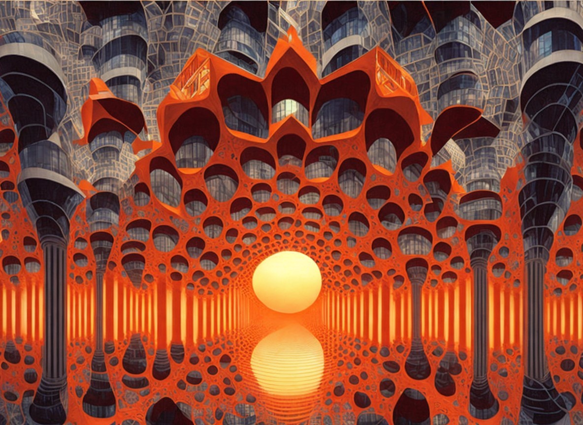 Surreal Architectural Landscape with Red Structures