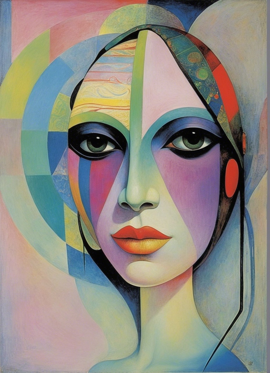 Stylized Female Face with Geometric Shapes and Colors