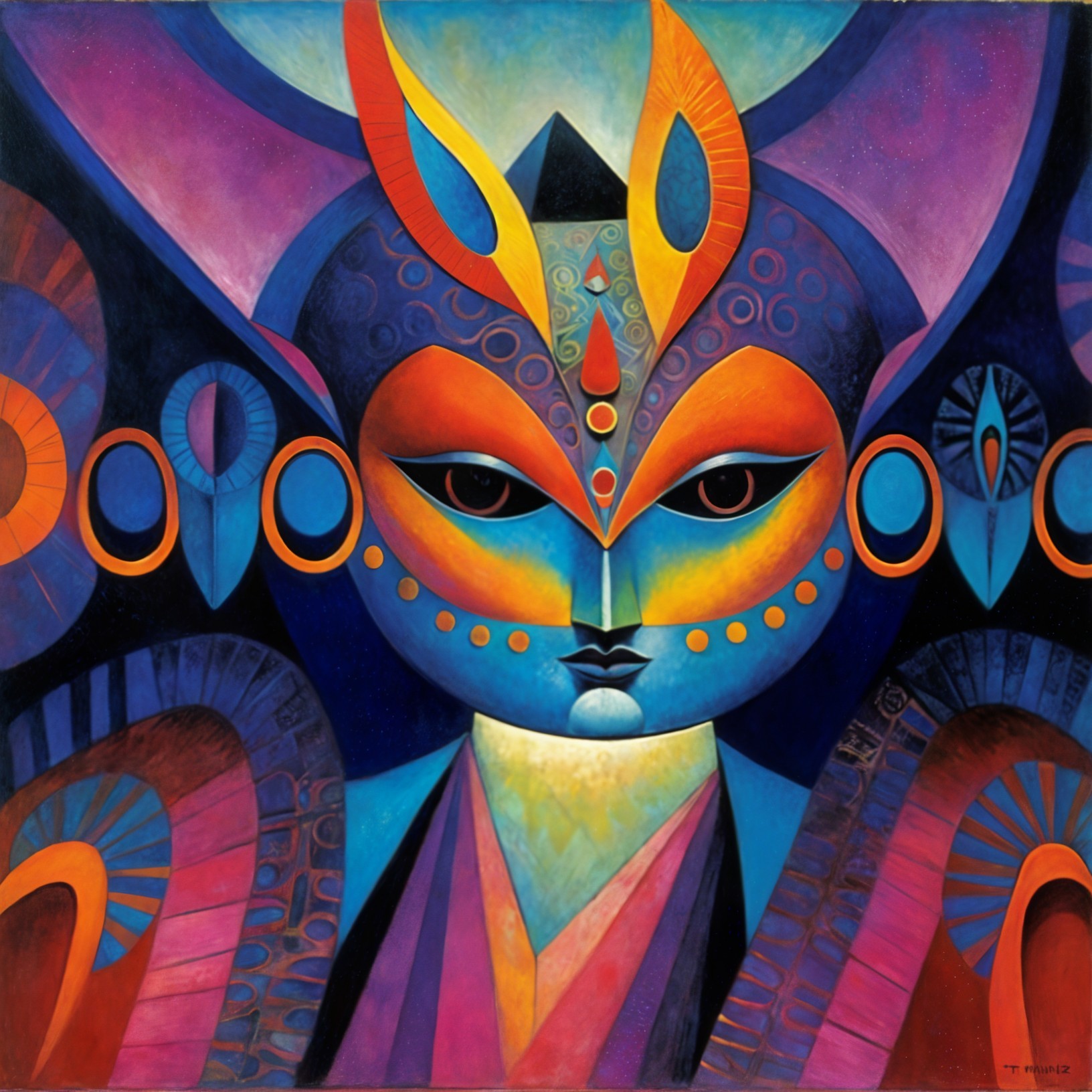 Vibrant Figure with Geometric Patterns and Bold Colors